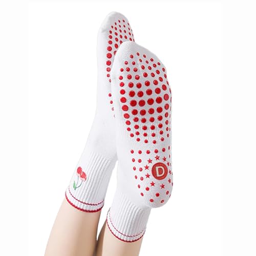 Non-Slip Pilates Grip Socks for Women - Yoga Barre Crew Socks - Cherry