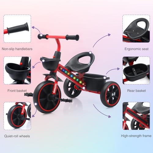 Youthkkee Red Toddler Tricycle for 1-3 Years with Tri-Light, Indoor & Outdoor Use