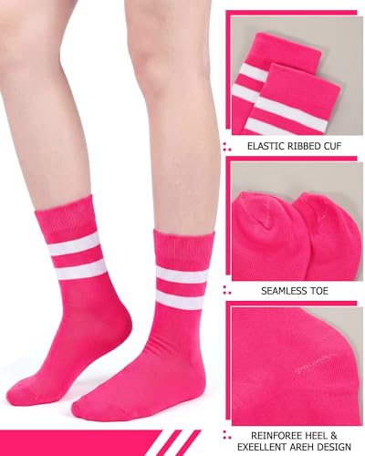 Syhood Unisex Crew Socks - 4 Pairs Casual Athletic Socks in Hot Pink & White