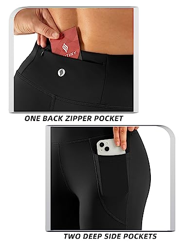 SANTINY Women's Knee Length Capris with Pockets, High Waisted Yoga Leggings - Black, Large