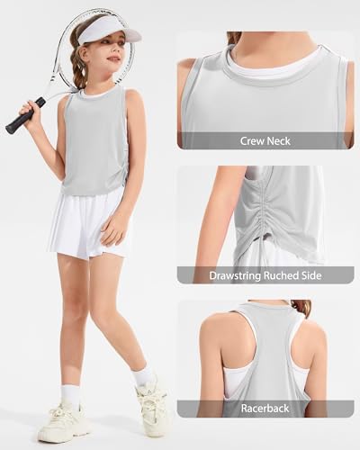 Girls Athletic Tank Top - Drawstring Ruched Racerback, Light Grey, 7-8 Years