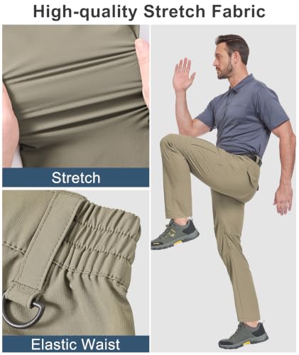 Buyboxs Men's Waterproof Cargo Hiking Pants 32W x 30L Khaki - Lightweight, Quick Dry Outdoor Travel Pants with 6 Pockets