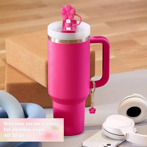 Hot Pink Flower Straw Toppers & Charms Set for Stanley Cup