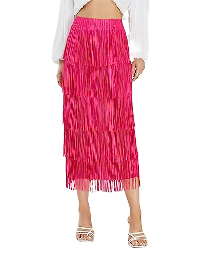 Women's High Waist Fringe Trim Short Skirt XX-Large Rose Red for Summer Party & Work
