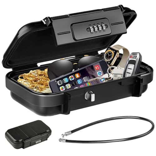 HUANLANG Portable Safe Lock Box with Combination Lock Mini Beach Travel Safe Waterproof Small Lockable Boxs with Removable Wire Rope Combination Lock Box for Dorm,Travel,Beach,Hotel,Car,Home,Office