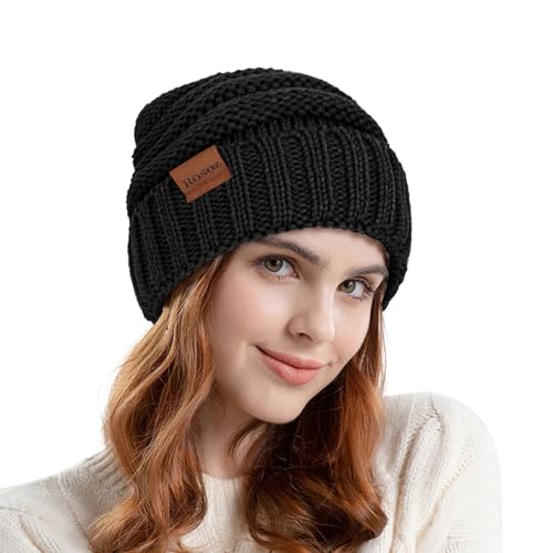 Warm Slouchy Beanie Hat for Women - Thick Knit - Black