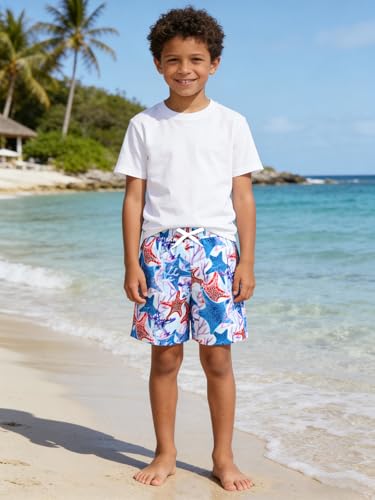 Boys Swim Trunks with Compression Liner - Quick Dry, Elastic Waist, Blue and White, 7-8 Years