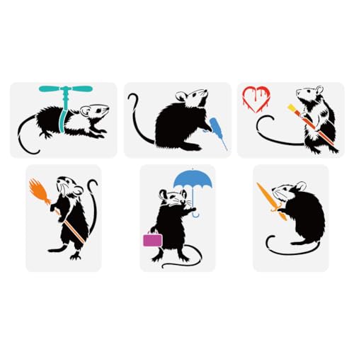 FINGERINSPIRE 6PCS Banksy Rat Painting Stencil, 8.3x11.7 Inch Reusable Mouse Pattern Templates for DIY Crafts on Wood, Wall, Canvas, Fabric & Furniture - Banksy Love Rat Theme