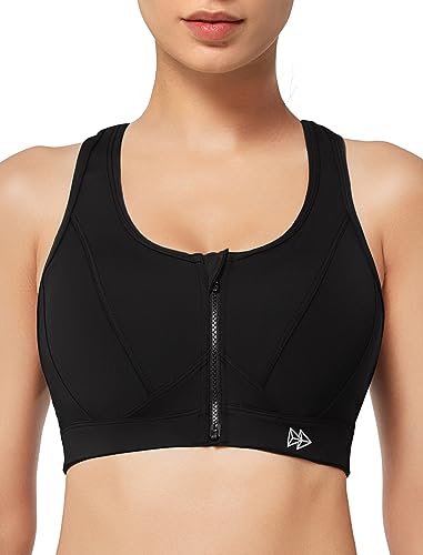 Yvette Zip Front High Impact Sports Bra for Large Bust - Medium Plus, Black