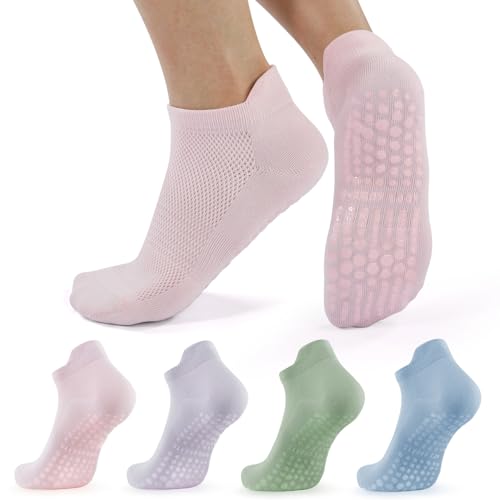 Non-Slip Pilates Socks for Women - 4 Pairs for Yoga & Dance