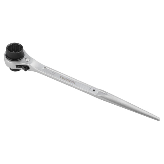 YOUKOOL 19mm x 22mm OR 3/4"×7/8" Ratcheting Scaffold Podger & Spud Wrench – 12-Point Double Ended Socket, Heavy-Duty Cr-V Steel Scaffold Tool,Silver