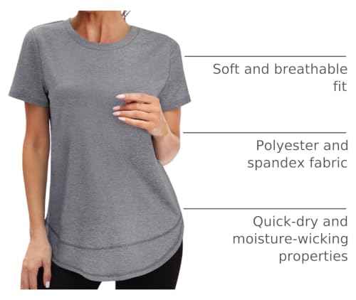 Womens Short Sleeve Workout Top - Sun Protection UPF 50+ - Grey, Large