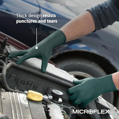 Ansell MICROFLEX Dura Flock DFK-608 Thick 11mil Nitrile Gloves for Automotive, Aftermarket, Machinery - Large, Green (Box of 50)