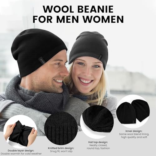 Wool Blend Ribbed Knit Beanie - Double Layer Warm Hat - Black