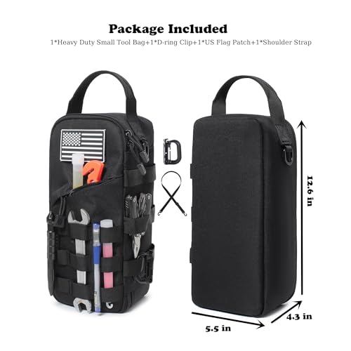 12-Inch Heavy Duty Small Tool Bag with D-Ring Clip,Flag Patch&Shoulder Strap - Small Tactical Molle Zipper Tool Bag,EDC Storage Tool Bags for Men,Multipurpose Utility Work Organizer Bag