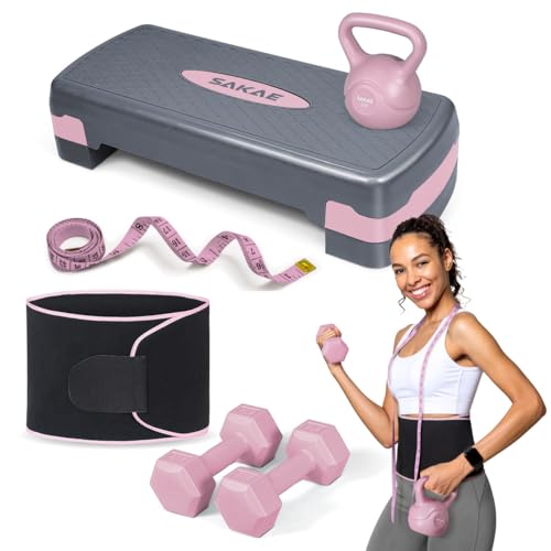 Adjustable Height Aerobic Stepper Set with Dumbbells & Kettlebell - Pink Grey