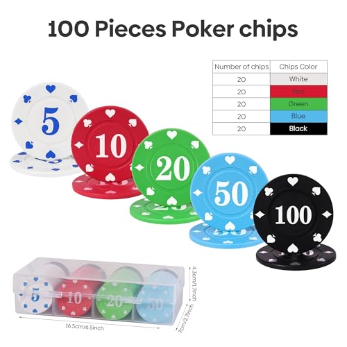 100 PCS Plastic Poker Chips Set with Storage Box for Poker Games