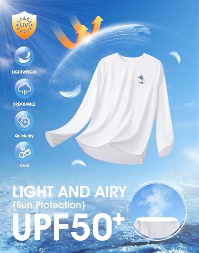 Pudolla Men's UPF Sun Protection Long Sleeve Rash Guard Shirt - White, Coconut Tree, Large