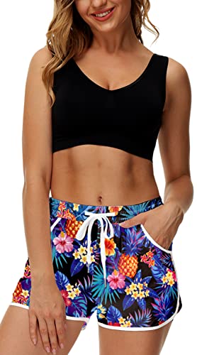 Hawaiian Tropical Print Beach Swim Shorts with Pockets - X-Large Pineapple
