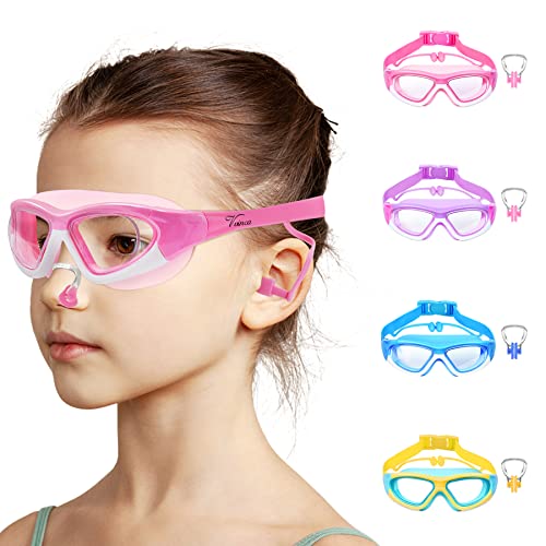 Pink Kids Swim Goggles for Ages 3-12 with Ear & Nose Plugs, Wide View Anti-Fog No Leak - 1 Pack