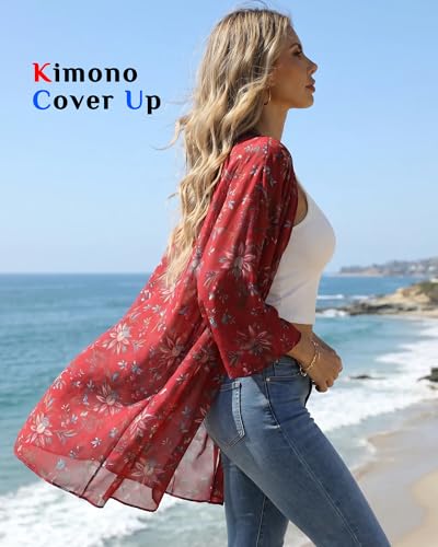 Argstar Women's 3/4 Sleeves Kimono Cardigan, Floral Print Loose Cover