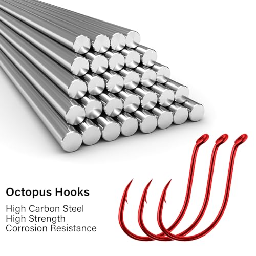 Offset Octopus Fishing Hooks - 100 Pack, Red #2 for Freshwater & Saltwater