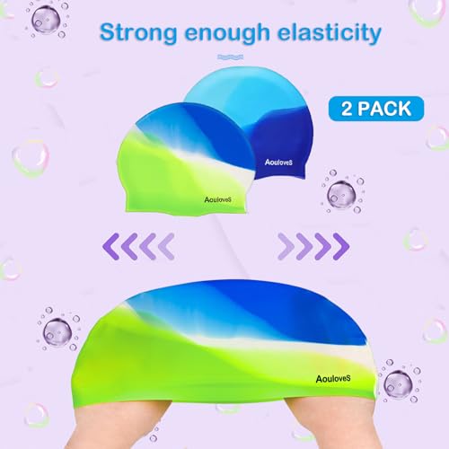 2 Pack Silicone Swim Caps for Kids - Comfort Fit for Long Hair