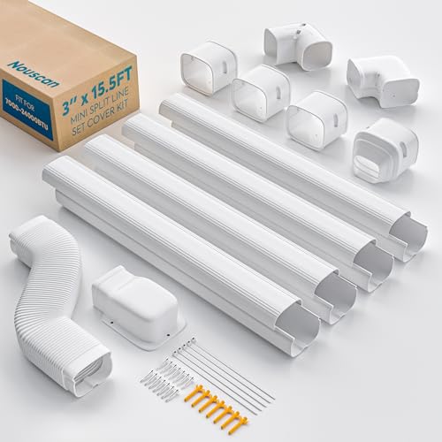 3" 15.5Ft Mini Split Line Set Cover with Flexible Duct, Upgrade PP Decorative Paintable Lineset Cover Kit, 39.37" per Straight Duct, for Minisplit, Air Conditioner, Central AC, HVAC