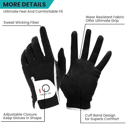 Rain Grip Golf Gloves - Black, Large | Flexible All Weather Comfort