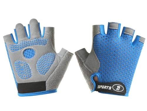 Kids Cycling Gloves - Fingerless, Non-Slip Padded - Blue L (9-12 Years)