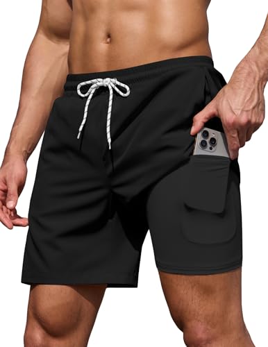 COOFANDY Men's 7-inch Black Swim Trunks with Compression Liner & Zipper Pockets - Large