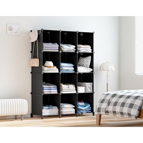 HOMIDEC Closet Organizers and Storage, 12 Cube Storage Organizer, Portable Closet Organization Clothes Shelves for Kids, Closet, Bedroom, Bathroom, Office, Black