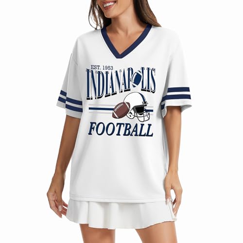 Football Team Graphic T-Shirt for Women - Oversized V Neck - Medium White