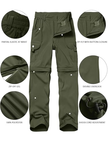 Yevtzl Boys Lightweight Cargo Convertible Hiking Pants - Army Green, Large