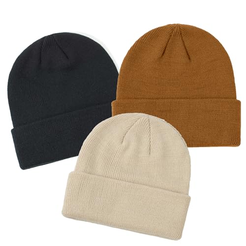 Baby Beanie 3-Pack Winter Hats for Toddler 6-24 Months - Black/Beige/Deep Camel