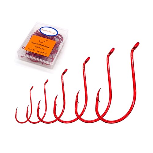 Octopus Beak Hooks - Offset Fishing Circle Hooks, Red, 100-Pack