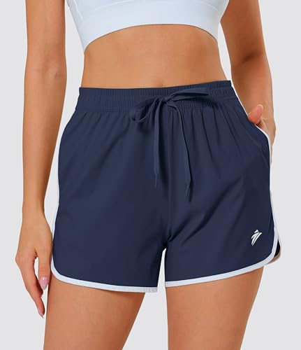 MAGCOMSEN Women's Athletic Shorts Medium Navy - Quick Dry Running Workout Gym Pockets