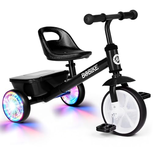 Bobike Black Toddler Tricycle with Glowing LED Wheels, Adjustable Seat & Rear Basket