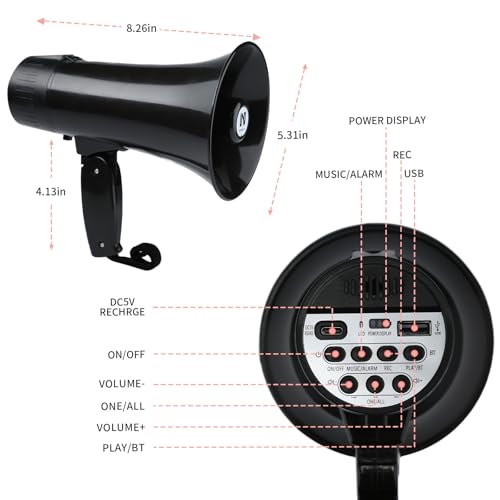 20W Rechargeable Megaphone with Siren & Bluetooth Input
