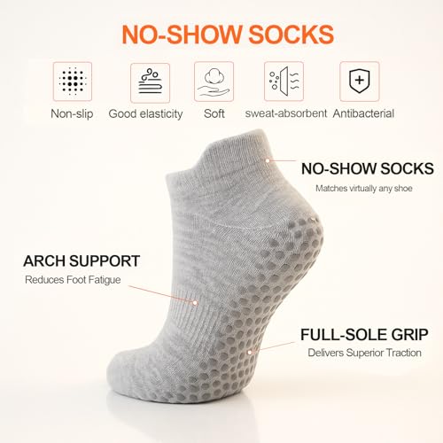 Non-Slip Grip Pilates Socks for Women - 6 Pairs, Black+White+Gray+Pink+Purple+Green