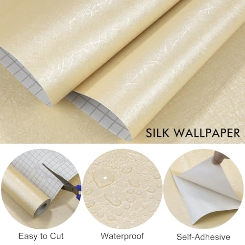 Beige Silk Peel and Stick Wallpaper 17.7 inch X 120 inch Self-Adhesive Embossed Textured Contact Paper Removable Waterproof Vinyl Roll for Bedroom Cabinet Furniture