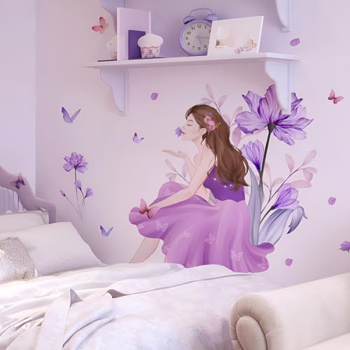 Butterfly Girl Wall Decals - Purple Flower Stickers, Fairy Decor for Girls Women Bedroom, Living Room, Sofa, TV Background