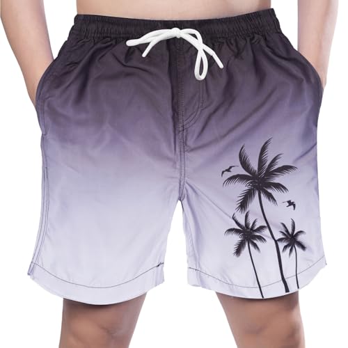 Boys Quick-Dry Swim Trunks with Compression Liner - Black Palm Tree, 7 Years