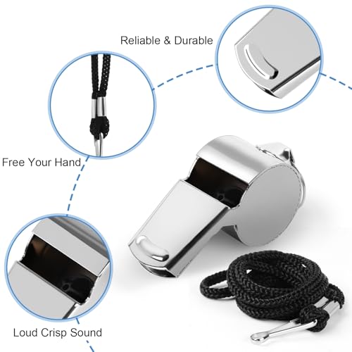 Stainless Steel Coach Whistle with Lanyard - 4 Pack, Loud Referee Whistle