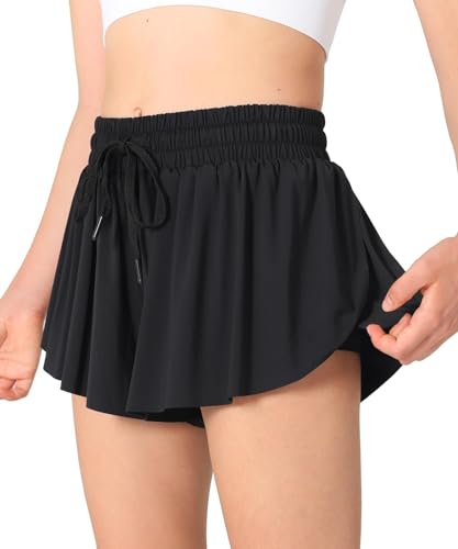 Girls Butterfly Skorts - Flowy Athletic Shorts with Pocket, Black, 9-10 Years
