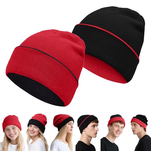 Reversible Knitted Beanie Hat - Black/Red - Warm Winter Cap