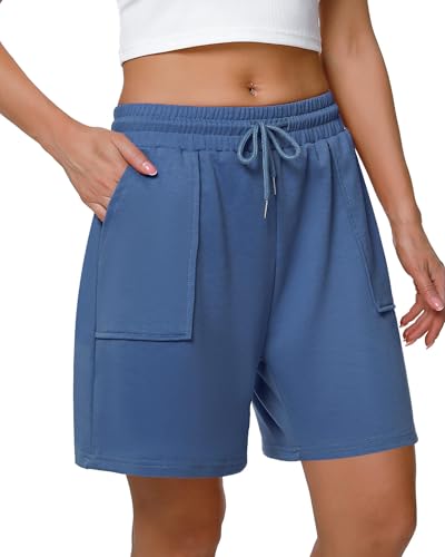 Cowasto Womens High Waisted Sweat Shorts Bermuda with Pockets Drawstring Blue (1-Pack, Med)