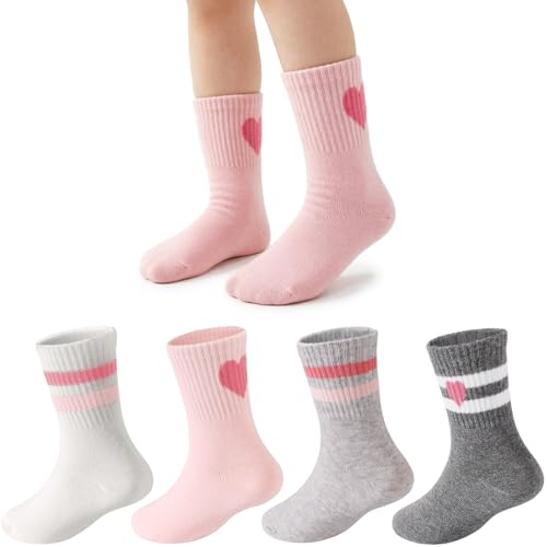 Kids Girls 4 Pairs Athletic Socks - Hearts & Stripes, Ages 7-10