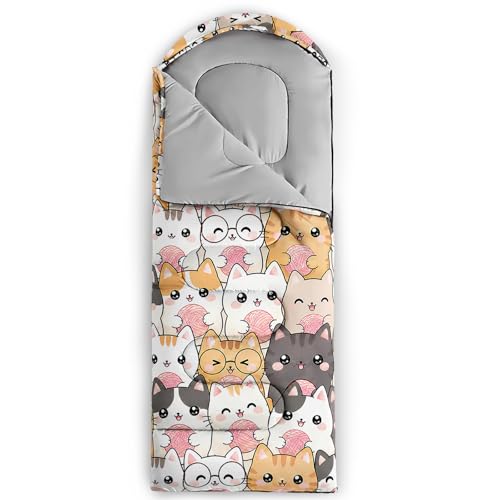 QOOMO Kawaii Cat 3-Season Camping Sleeping Bag, 31x90 in, Waterproof, 3 lb