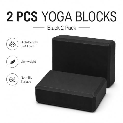 Yoga Blocks 2-Pack - Non-Slip Foam Bricks for Pilates & Exercise - Black, 9 x 6 x 3 Inch